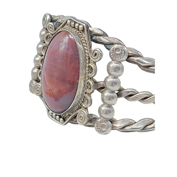 Agate Sterling Silver Open Cuff Bracelet Red Cabachon Detailed 925 Design SZ 6 - Picture 3 of 16